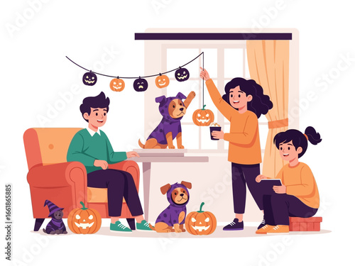 Halloween Home Decoration: A family and their dogs getting ready for Halloween at home. decorated home with carved pumpkins and string garlands.