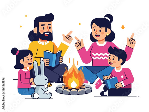 Family Story Time Around Fire: This illustration showcases a family engrossed in a captivating storytelling session around a crackling campfire, with vibrant colors and inviting atmosphere. 