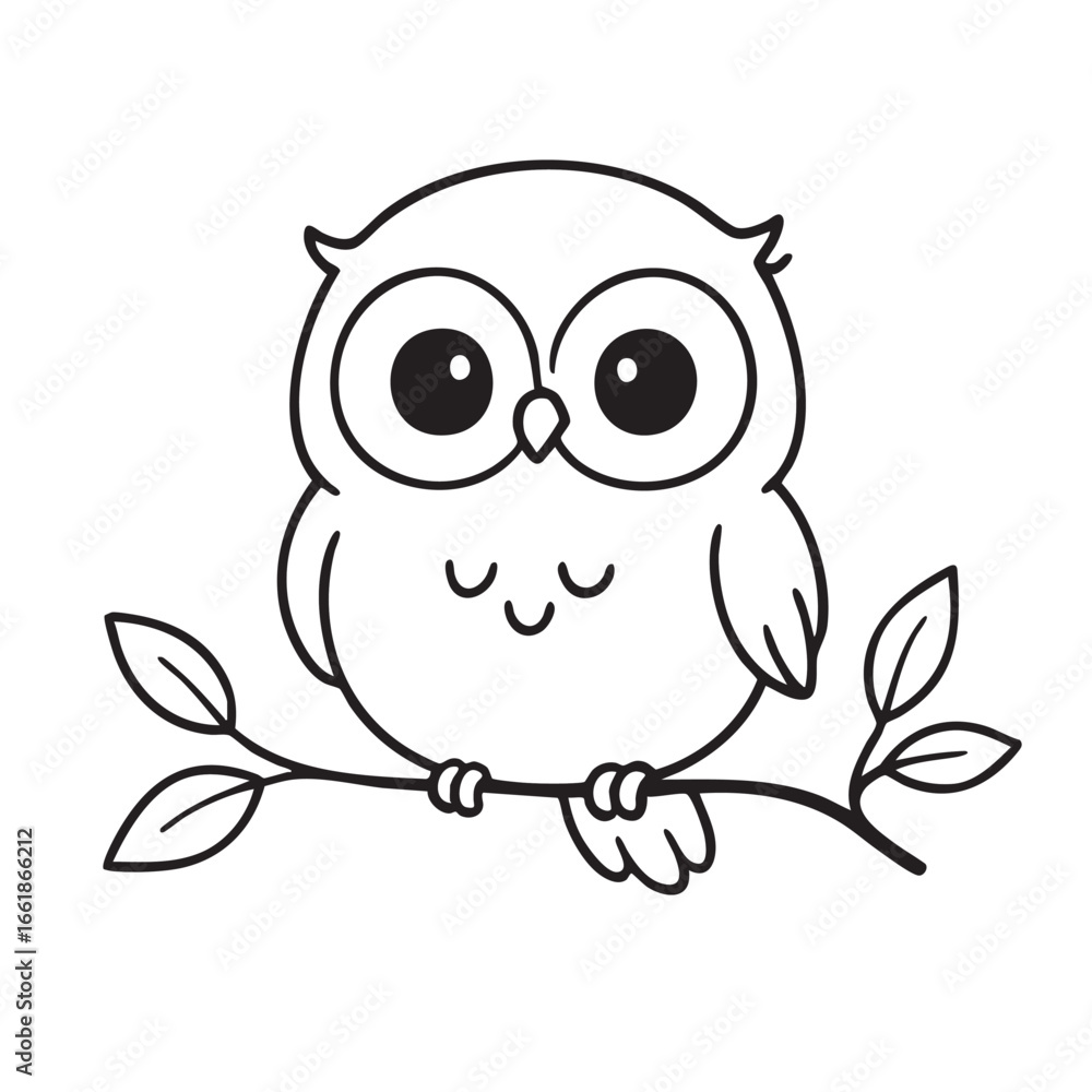 Fototapeta premium Cute Cartoon Owl Perched on a Branch Simple Black and White Line Art Illustration