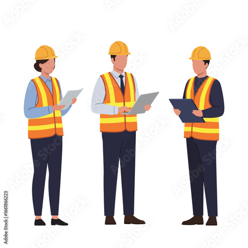 A diverse team of construction professionals, including engineers and supervisors, wearing hard hats and safety vests, diligently reviewing project plans.