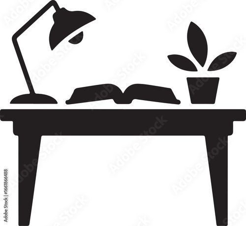 Desk with Lamp Book and Plant Silhouette simple