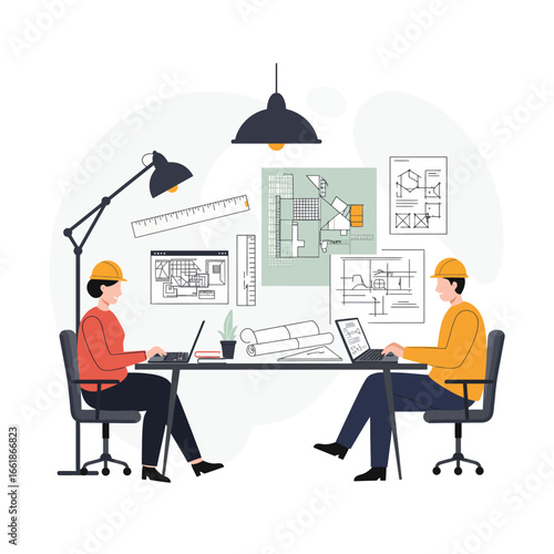 Architects and engineers in hard hats collaborate on a building project, analyzing blueprints and digital plans on laptops within a modern office.
