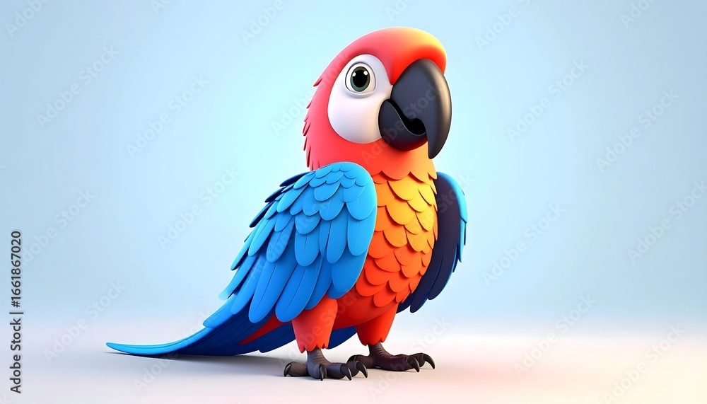 Fototapeta premium Cartoon macaw with vibrant plumage, a playful digital rendering against a soft blue gradient background.