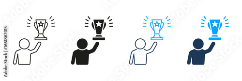 Person Holding Trophy Line And Solid Icon Set. Achievement, Success, And Victory Celebration Symbol Collection. Recognition And Award Ceremony. Isolated Vector Illustration
