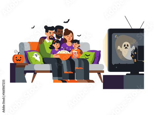 Halloween Family Movie Night: A diverse family, nestled together on a cozy sofa, immerses itself in a spooky movie during Halloween, sharing popcorn.
