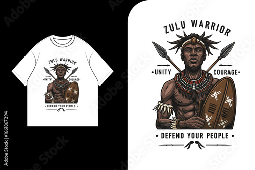 A graphic design showcasing a Zulu warrior illustration on a white t-shirt, emphasizing strength and heritage.