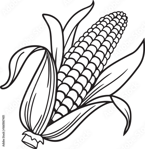 Vector art silhouette image of an ear of corn with a black outline drawing