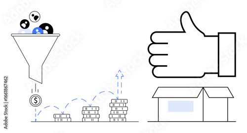 Funnel directing prospects into dollar coins, stacks of growing coins, thumbs-up sign, and a box. Ideal for sales, marketing, lead generation, customer feedback, business growth conversion rate
