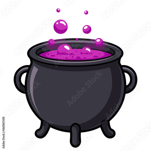 A bubbling black cauldron filled with purple potion, surrounded by mystical elements in a fantasy setting