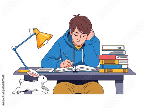 Focused Study: A student immerses himself in his studies, illuminated by a desk lamp, books stacked beside him, and a small, white rabbit playfully nearby, a serene depiction of learning.