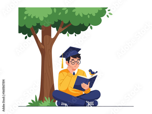 Student's Serene Study Session: A graduate sits beneath the gentle shade of a lush tree, a captivating book in hand, while a charming bird finds a perch nearby, signifying the joys of learning.