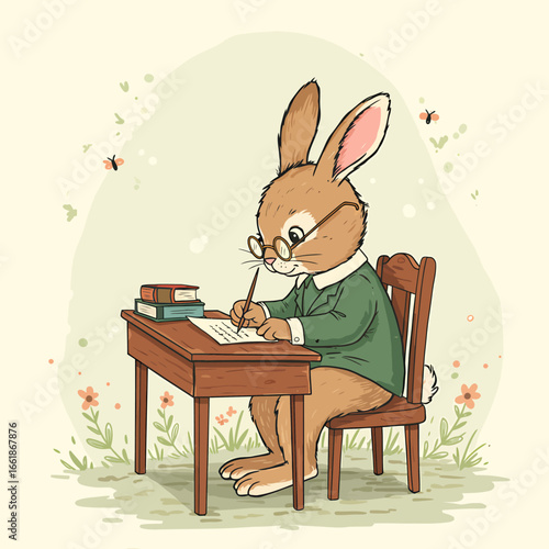 A charming illustration of a rabbit writing at a desk surrounded by flowers and bees in a peaceful setting