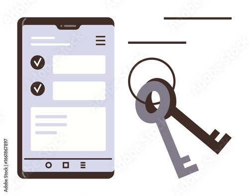 Smartphone displaying checklist with two physical keys emphasizing security, access, and technology. Ideal for digital safety, mobile apps, keyless solutions, authentication, access control, privacy