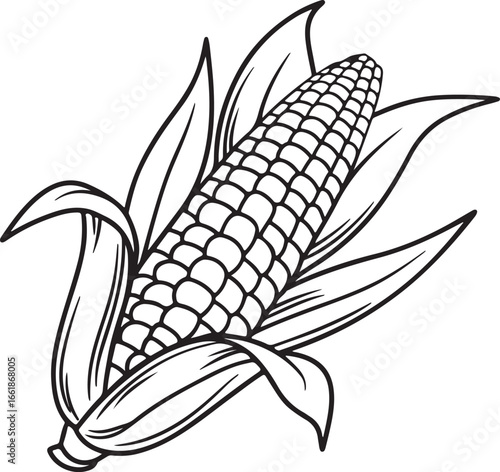 Vector art silhouette image of an ear of corn with a black outline drawing