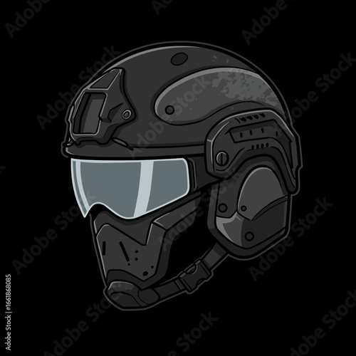 Detailed illustration of a tactical helmet featuring a visor, showcasing wear and tear, ideal for military themes