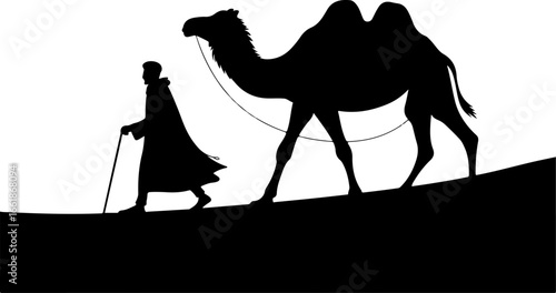 silhouette illustration of a man walking with a camel