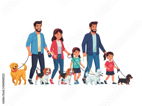 Dog Walkers and Play: A cheerful depiction of families enjoying a sunny day, strolling through a park with their beloved canine companions, emphasizing friendship, fun, and outdoor adventure.