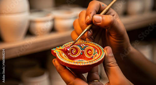 Fototapeta Naklejka Na Ścianę i Meble -  An artist carefully painting a traditional clay diya a beautiful handmade craft for the Hindu festival of Diwali