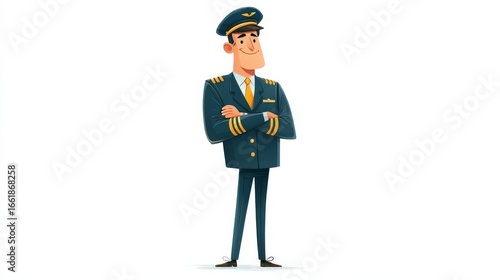 A cartoon style male character in a dark blue pilot uniform with golden buttons and epaulettes,