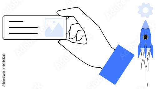 Hand holding ID card with text and image placeholder. Blue rocket and gear represent innovation, progress, startup growth, and technology. Ideal for creativity, business, team building, and concepts
