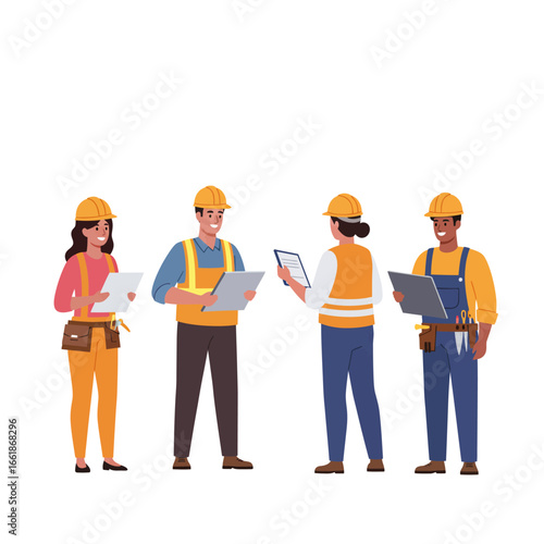 A diverse team of male and female construction workers in hard hats and safety vests are collaborating and reviewing plans on a job site.