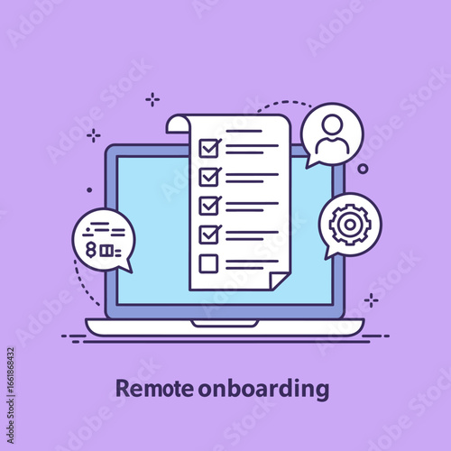 Digital illustration of remote onboarding process with checklist, user icon, and settings gear on a laptop