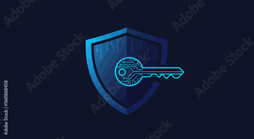 Digital key symbolizing cybersecurity protection with a shield and circuit patterns in the background