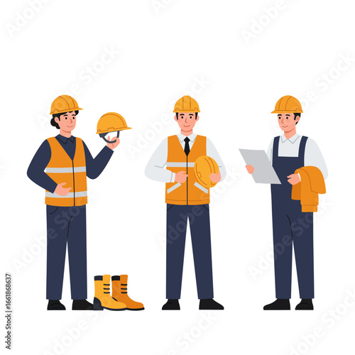 Three professional male construction workers and engineers, equipped with essential safety gear, stand ready for site operations, symbolizing teamwork and safety.