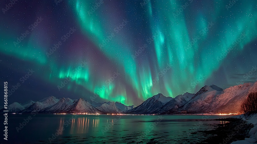 Naklejka premium Vivid Aurora Borealis Display Over Snowy Mountain Range and Calm Lake at Night