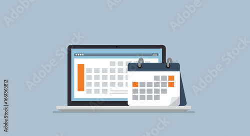 Digital workspace featuring a laptop displaying a calendar application with a planner beside it