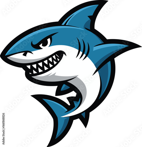 Aggressive blue shark with sharp teeth and fins cartoon illustration menacing