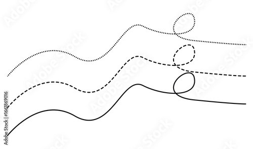 Three abstract dotted and solid lines creating curves and loops
