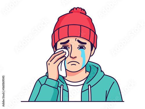 Sadness and Sorrow: A depiction of profound emotional distress. A figure is captured with a tissue in hand, eyes brimming with tears, encapsulating the raw vulnerability and pain.