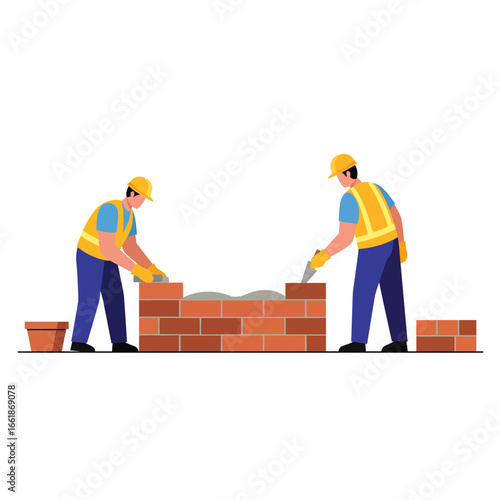 Two skilled construction workers in safety gear diligently lay bricks, building a sturdy wall on a job site, symbolizing teamwork and industrial development.