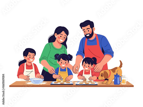 Family Baking Together: A heartwarming illustration captures a family, including parents and children, joyfully baking together, creating a scene of love and togetherness in their kitchen.