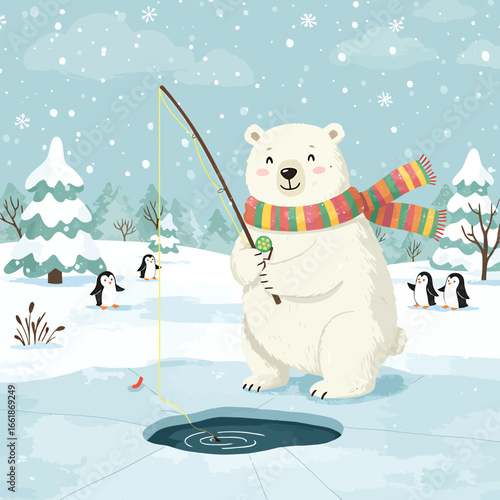 A cheerful polar bear fishing on a snowy landscape, surrounded by playful penguins and pine trees