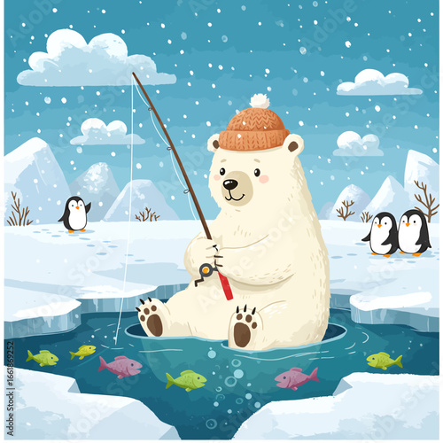 A cheerful polar bear wearing a knitted hat is ice fishing in a snowy landscape with penguins nearby