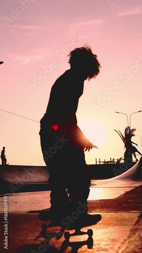 Silhouette of young skateboarder performing tricks at sunset, not recognizable.