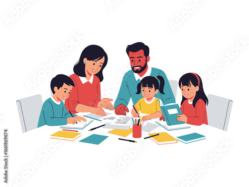 Family Educational Support: A caring family united at a table, focusing on educational support, fostering a nurturing environment.