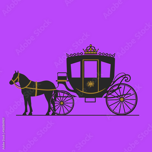 Elegant horse-drawn carriage with a crown, set against a vibrant purple background, symbolizing royalty
