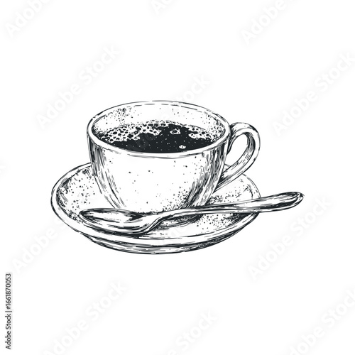 Hand Drawn Sketch of Hot Coffee Cup with Froth and Spoon on Saucer