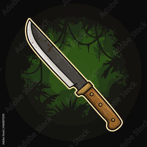 A detailed illustration of a rusty machete with a wooden handle set against a lush jungle background