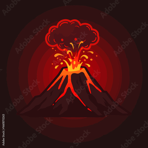 Erupting volcano with lava and ash clouds against a dark background, symbolizing natural disasters