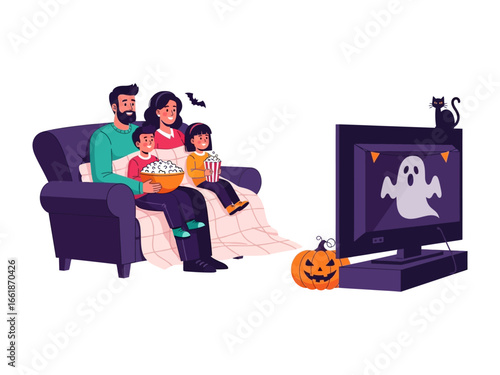 Halloween Family Movie Night: A family watches a spooky Halloween movie with snacks, pumpkins, and festive decorations, embodying the spirit of togetherness and seasonal fun.