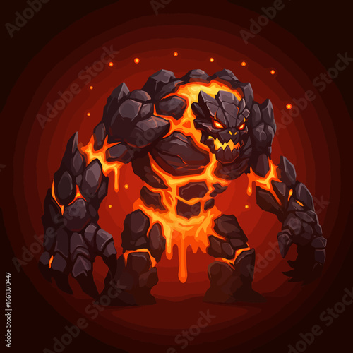 Fiery rock monster emerging from molten lava with glowing cracks, set against a dark background