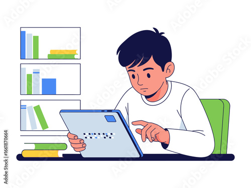Modern Boy in Digital Realm: A young individual is absorbed in the world of technology. Interacting with a digital device, this illustration tells a story of modern interaction.