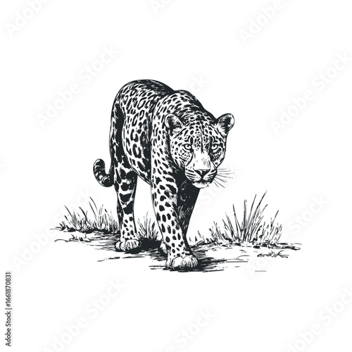 Detailed ink sketch of a walking leopard with spotted fur amidst grass