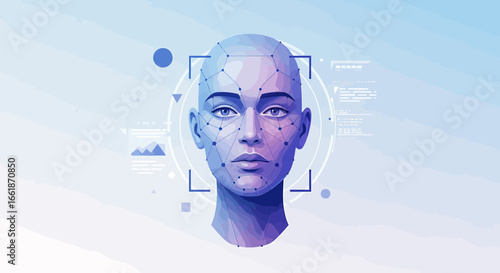 Futuristic digital portrait of a humanoid figure with facial recognition elements and data interface