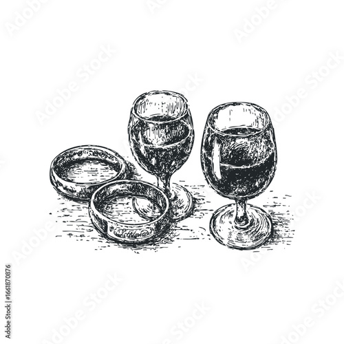 Hand-drawn sketch of two wine glasses filled with dark liquid alongside three inscribed bands