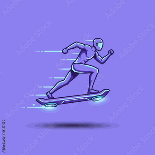 Futuristic figure riding a hoverboard at high speed against a vibrant purple background